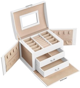 Šperkovnica, 3-úrovňová s 2 zásuvkami a s cestovným puzdrom, biela