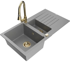 Mexen Matias, 1,5-komorový granitový drez 900x505x200 mm a drezová batéria Elia, šedá, 6502-71-670101-50