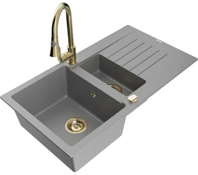 Mexen Matias, 1,5-komorový granitový drez 900x505x200 mm a drezová batéria Elia, šedá, 6502-71-670101-50