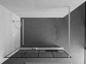 Mexen Kioto+, sprchová zástena Walk-In s poličkou a vešiakom 130 x 200 cm, 8mm číre sklo čierny vzor, biely profil, 800-130-121-20-77