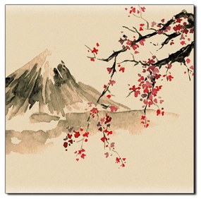 Obraz na plátne - Tradičné sumi-e obraz: sakura, slnko a hory - štvorec 3271FA (80x80 cm)