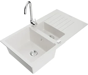 Mexen Matias, 1,5-komorový granitový drez s odkvapkávačom 90x50 cm a kuchynskou batériou Telma, biela, 6502-20-670200-00