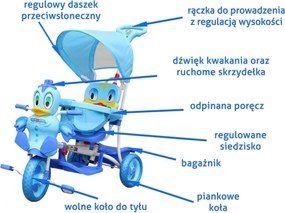 RAMIZ Detský 3-kolesový bicykel Duck Blue + zvuky + strecha + zábrana + opierka na nohy + rukoväť + úložný priestor