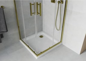 Mexen Rio, štvorcový sprchovací kút s posuvnými dverami 70(dvere) x 70(dvere) x 190 cm, 6mm číre sklo, zlatý profil + sprchová vanička SLIM so zlatým sifónom, 860-070-070-50-00-4010G