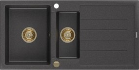 Mexen Andres, granitový drez 1000x500x200 mm, 1,5-komorový, čierna škvrnitá so zlatým sifónom, 6515101510-76-G