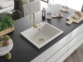 Mexen Elix granitový drez, 1-komorový, 600 x 500 mm, biely, zlatý sifón - 6525601005-20-G