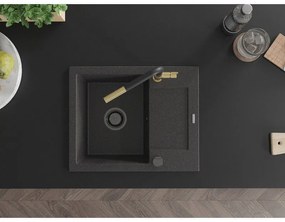 Mexen Enzo, 1-komorový granitový drez 576x465x174 mm a drezová batéria Flora, čierna škvrnitá, 6506-76-670401-57-B