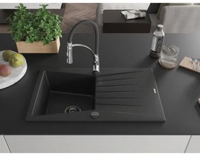 Mexen Cesar, 1-komorový granitový drez 775x470x190 mm a drezová batéria Aster, čierna-strieborná metalíza, 6514-73-73450-07-B