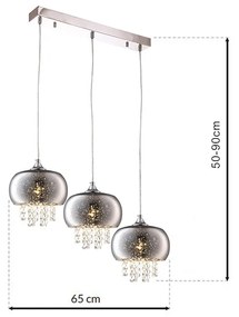 Závesné svietidlo Starlight, 3x kryštáliky/chrómové sklenené tienidlo, ch