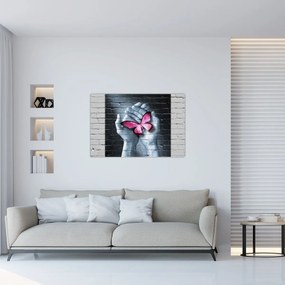 Obraz - Ružový motýľ v stene (90x60 cm)