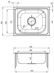 Deante Techno, nerezový drez na dosku 1-komorový B/O 500x400x150 3,5'' + sifón, vzor dekor, DEA-ZEU_310A