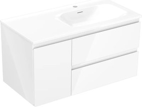 Mexen Orio, kúpeľňová skrinka 90 cm s pravým umývadlom Vela, 2S, 1D, biela lesklá, 91A13-09047-3-BBFFF00-W23P00