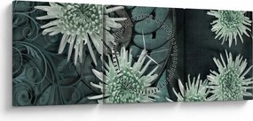 Obraz - Zelené kvety (s hodinami) (90x30 cm)