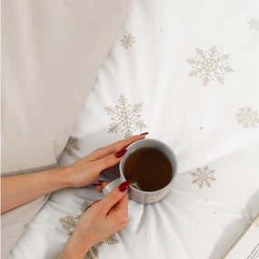 Goldea vianočné bavlnené posteľné obliečky duo - snehové vločky na bielej s latte 140 x 200 a 70 x 90 cm