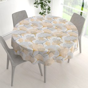 Biante Bavlnený okrúhly obrus Sandra SA-745 Sivo-horčicové ginkgo listy na bielom Ø 50 cm