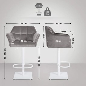 Barová stolička Damaso W - zamat, biely rám - Sivá