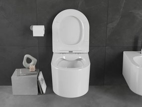Mexen Sofia, závesná WC misa 490x360x355 mm, Rimless Tornádo + toaletné WC sedadlo z duroplastu, biela lesklá, 30540400