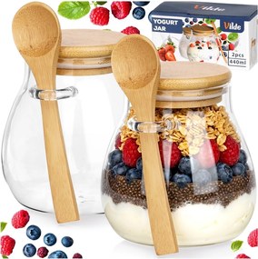 VILDE Sada 2ks pohárov na jogurt / dezert s bambusovým viečkom a lyžicou, 2x440ml