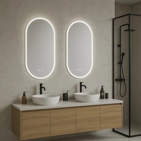 Erga Demi, oválne LED zrkadlo 50x100cm, 3 farby svetla, predné osvetlenie, vyhrievacia podložka proti zapareniu, ERG-V01-DEMI-5010-CL