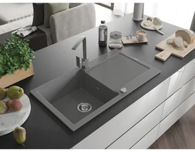 Mexen Leo, drez granitový 900x500x190 mm, 1-komorový, šedý s chrómovým sifónom a šedá drezová batéria Rita, 6501-71-670300-71