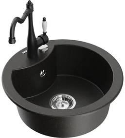 Mexen Diego, granitový drez 488x488x167 mm, 1-komorový a drezová batéria Carla, čierna-zlatá metalíza, 6512-75-670700-70