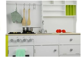 LEAN TOYS Drevená kuchynka s rúrou a príslušenstvom - bielo-zelená