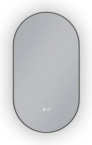 Erga Freya, oválne LED zrkadlo 50x90cm v čiernom kovovom ráme, 3 farby svetla, zadné osvetlenie, vyhrievacia podložka proti zapareniu, ERG-V01-FREYA-5090-BK