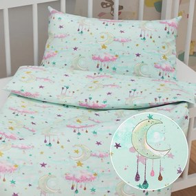 Biante Detské bavlnené posteľné obliečky do postieľky Sandra SA-522 Mesačná obloha na mintovom Do postieľky 100x135 a 40x60 cm