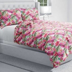 Biante Bavlnené posteľné obliečky Sandra SA-555 Ružovo-červené havajské kvety na bielom Jednolôžko 140x200 a 70x90 cm