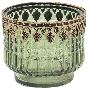 Zelený sklenený svietnik na čajovú sviečku s kovovým lemom - Ø 9*8 cm