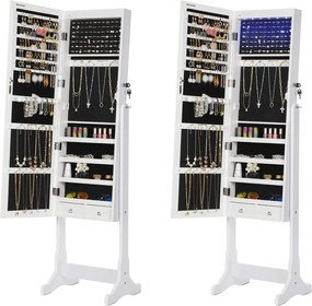 LED skrinka na šperky so zrkadlom po celej dĺžke s 2 zásuvkami, biela