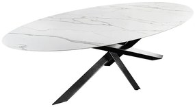 Jedálenský stôl SCULPTURE 280 cm oválny rám čierny s keramickou doskou, biely mramorový vzhľad