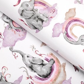 Detská bavlnená látka/plátno Sandra SA-464 Slony s fialovou dúhou na bielom - šírka 160 cm