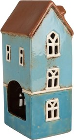 Modrý keramický svietnik na čajovú sviečku domček Amster Village - 11*9*22 cm