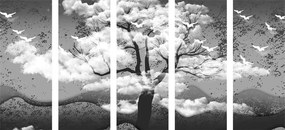 5-dielny obraz čiernobiely strom zaliaty oblakmi - 200x100