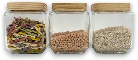 5Five® Súprava 3ks sklenených bytelných hranatých dóz s dreveným vekom, 1,25l KWADR