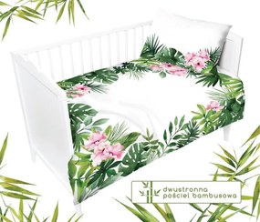 Obojstranné bambusové obliečky pre deti v bielej farbe s tropickým lístím a ružovými kvetinami