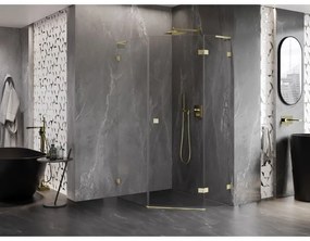 Mexen Lunar, L pravý výklopný päťuholníkový sprchový kút 80 x 90 cm, 8mm číre sklo, zlatý matný profil, 831L-080P-090L-55-00-P