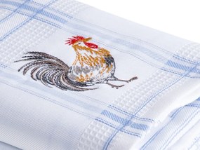 Kuchynská vaflová utierka s výšivkou Kohút - modré káro