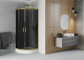 Mexen Rio, štvrťkruhový sprchovací kút s posuvnými dverami 70(dvere) x 70(dvere) x 190 cm, 6mm šedé sklo, zlatý profil + biela sprchová vanička RIO, 863-070-070-50-0-4710