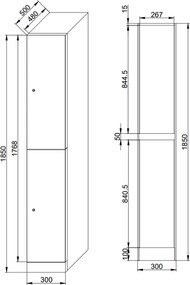 Šatníková skrinka S1 s úložnými boxmi, 2 boxy, 1850 x 300 x 500 mm, cylindrický zámok, laminované dvere, breza
