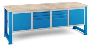 Dielenský stôl KOVONA, 2 závesné skrinky a 6 zásuviek, buková škárovka, pevné nohy, 2100 mm