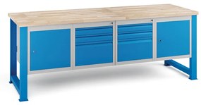 Dielenský stôl KOVONA, 2 závesné skrinky a 6 zásuviek, buková škárovka, pevné nohy, 2100 mm