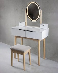 Toaletný stolík GLAM s LED zrkadlom biely / naturálny, béžová taburetka