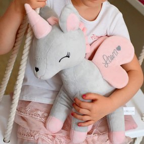 Plyšový jednorožec šedo ružový s menom Vanesska