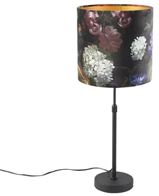 Stolná lampa čierna s tienidlom z velúru s kvetmi so zlatom 25 cm - Parte