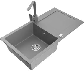 Mexen Leo, drez granitový 900x500x190 mm, 1-komorový, šedý s chrómovým sifónom a šedá drezová batéria Rita, 6501-71-670300-71