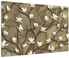 Obraz - Biele magnólie na kamennom murive (90x60 cm)