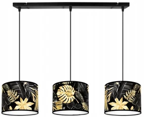 Závesné svietidlo Gold Flowers, 3x čierne textilné tienidlo s kvetinovým vzorom
