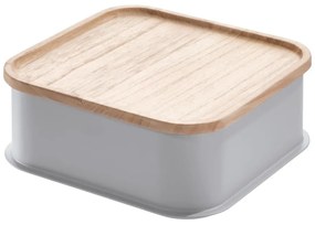 Sivý úložný box s vekom z dreva paulownia iDesign Eco, 21,3 x 21,3 cm